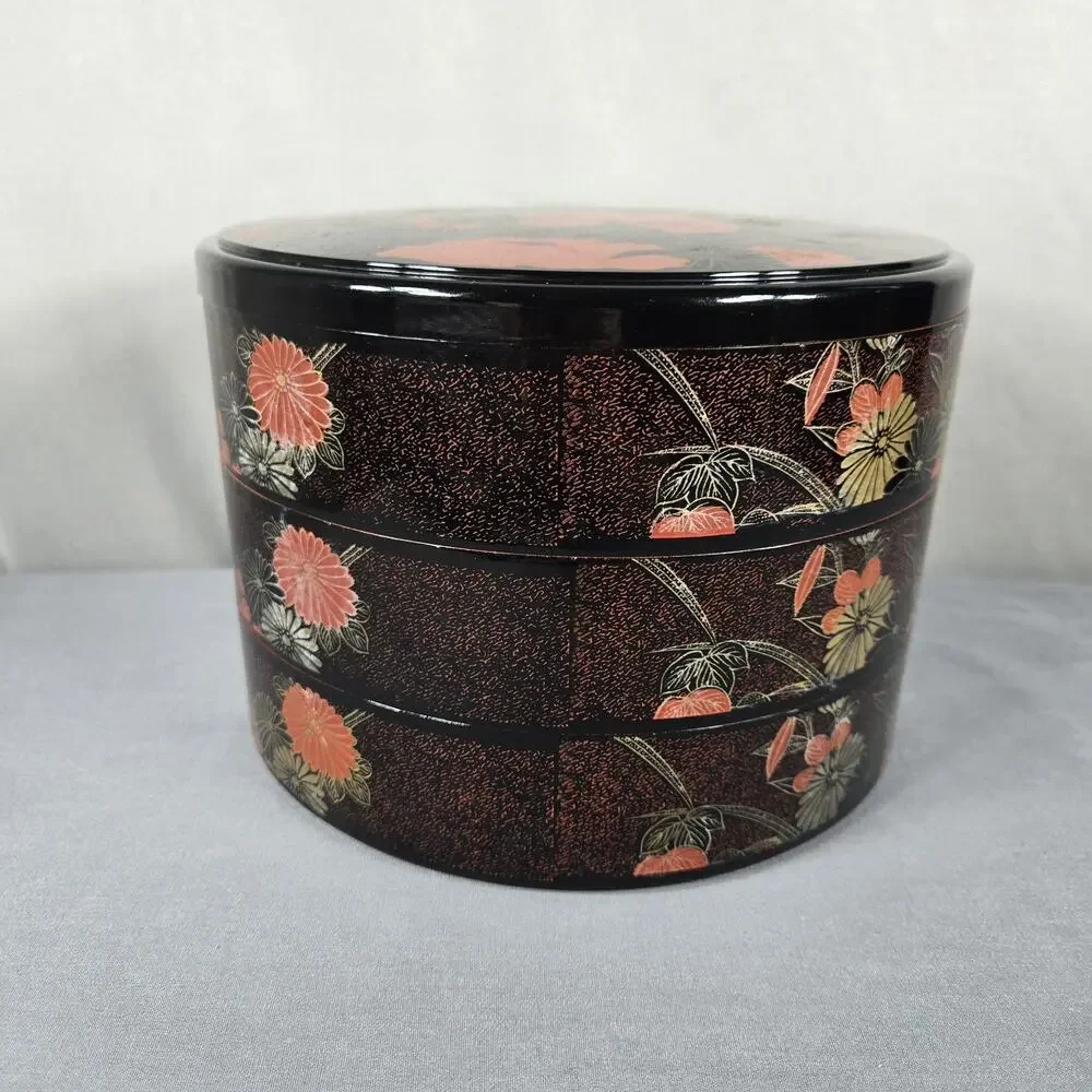 Japanese Lacquer Style Stacking Box Set Floral 3 Tier Red Black Decorative Round